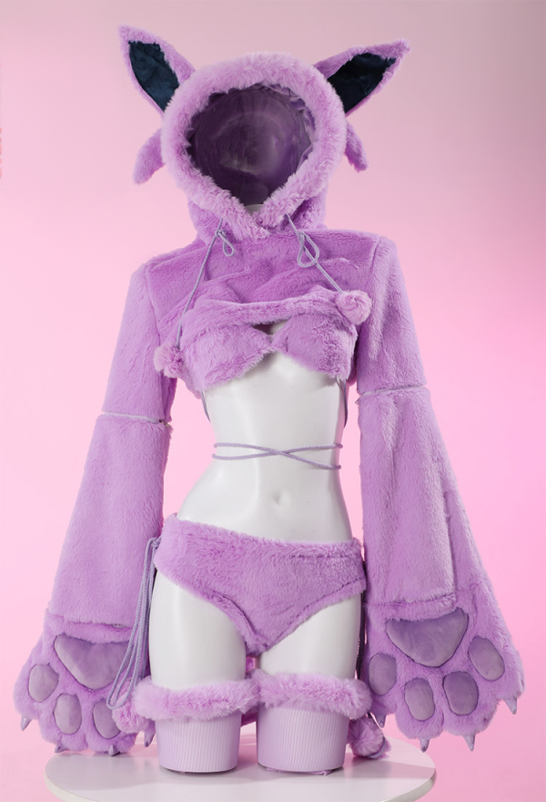 Furry Paw Sexy Lingerie Kawaii Purple Plush Homewear Paw Gloves Hoodie and Bra Panty with Stockings